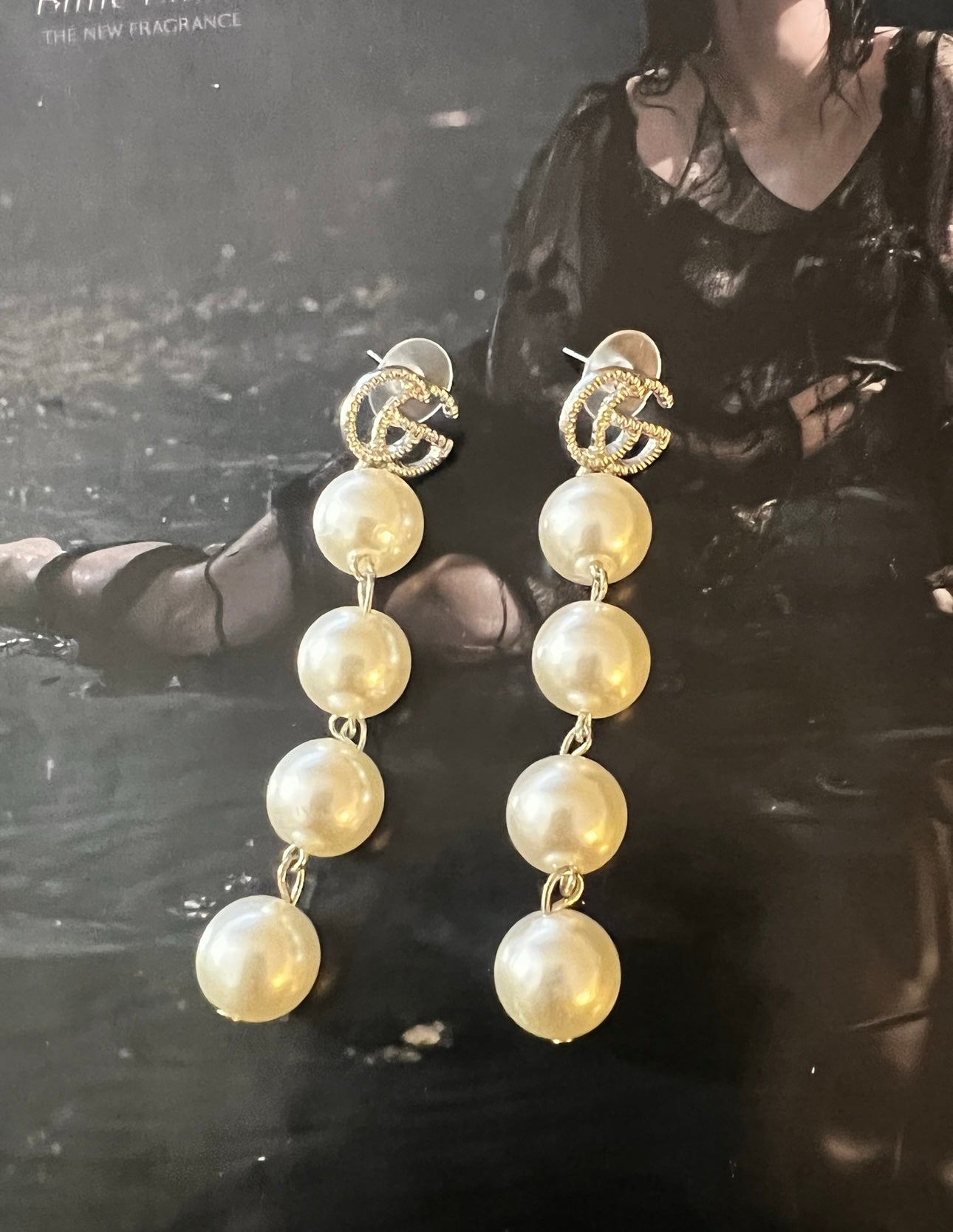 Pearl long Gg earrings silver