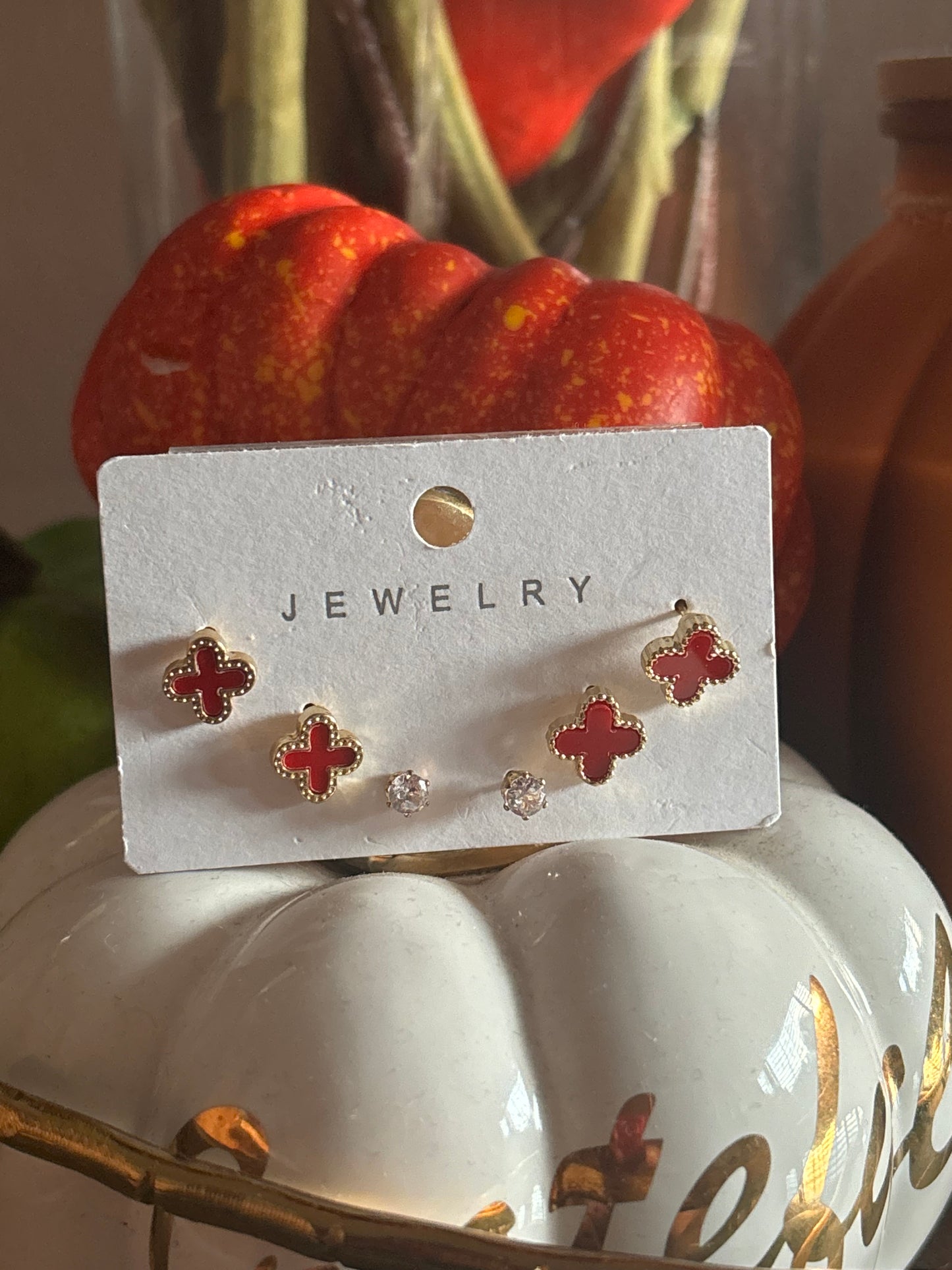 3 piece red clover earrings