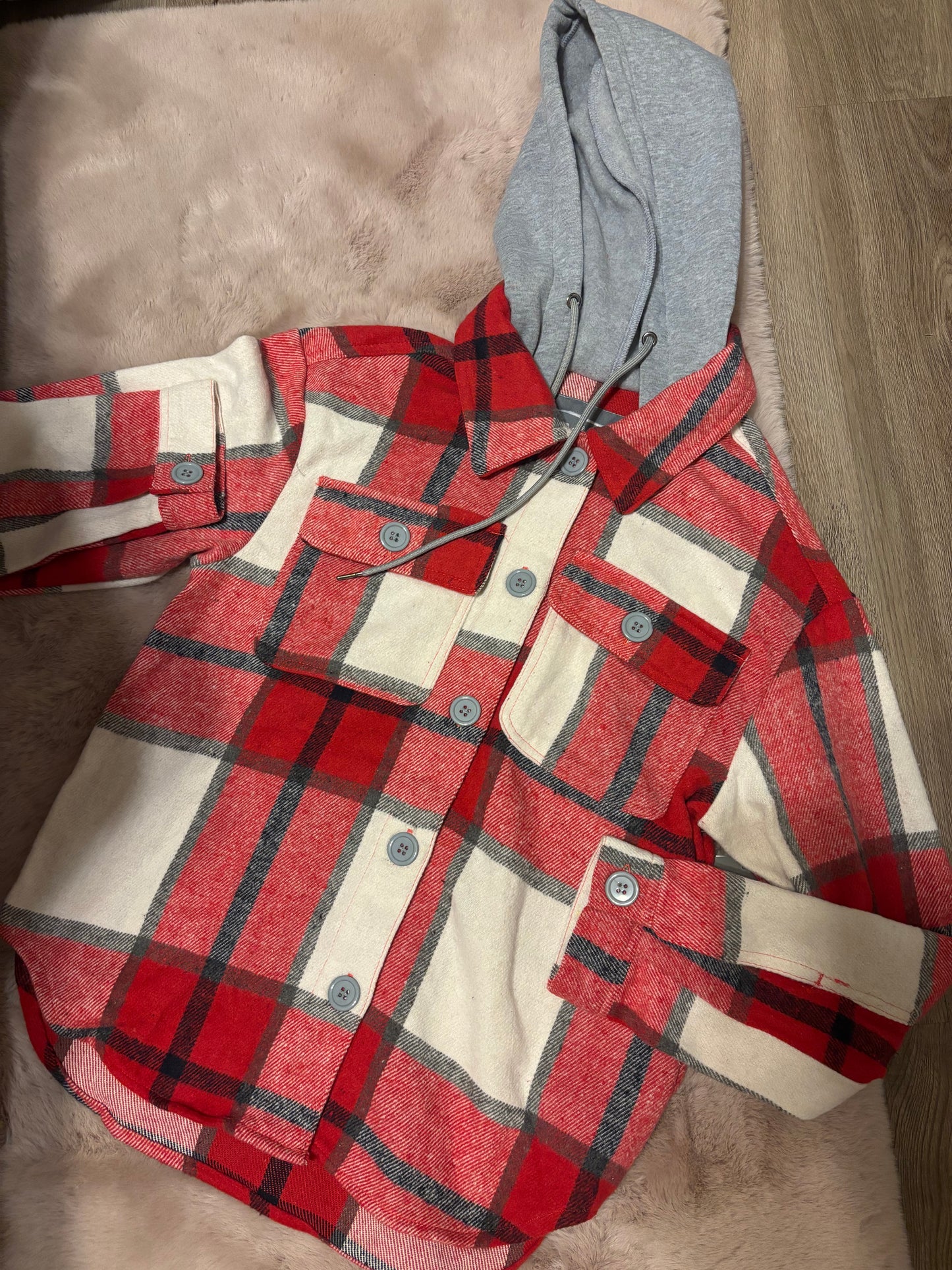 Red grey plaid print button with hoodie